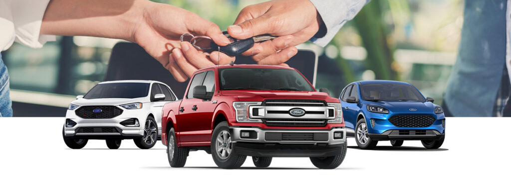 Hands exchanging car keys above a lineup of Ford vehicles, including a red truck. Perfect for car dealership promotions.